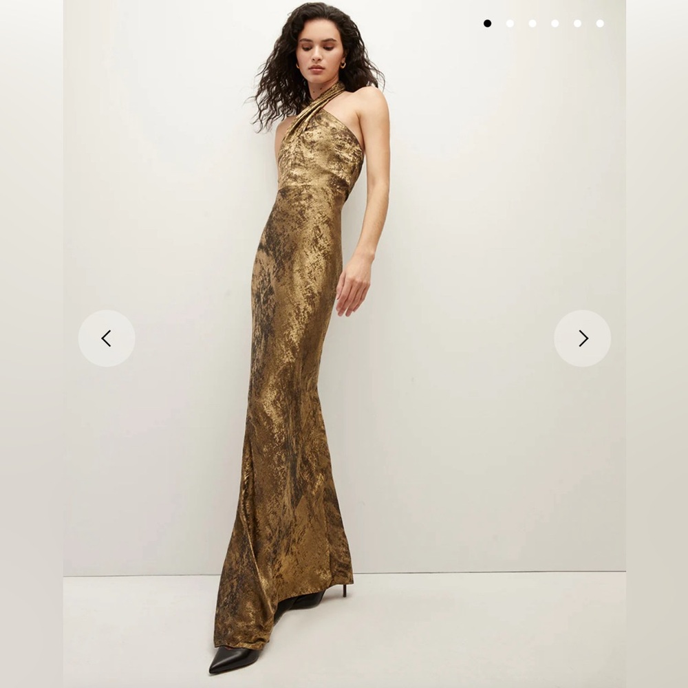 Veronica Beard shimmery gold silky halter gown